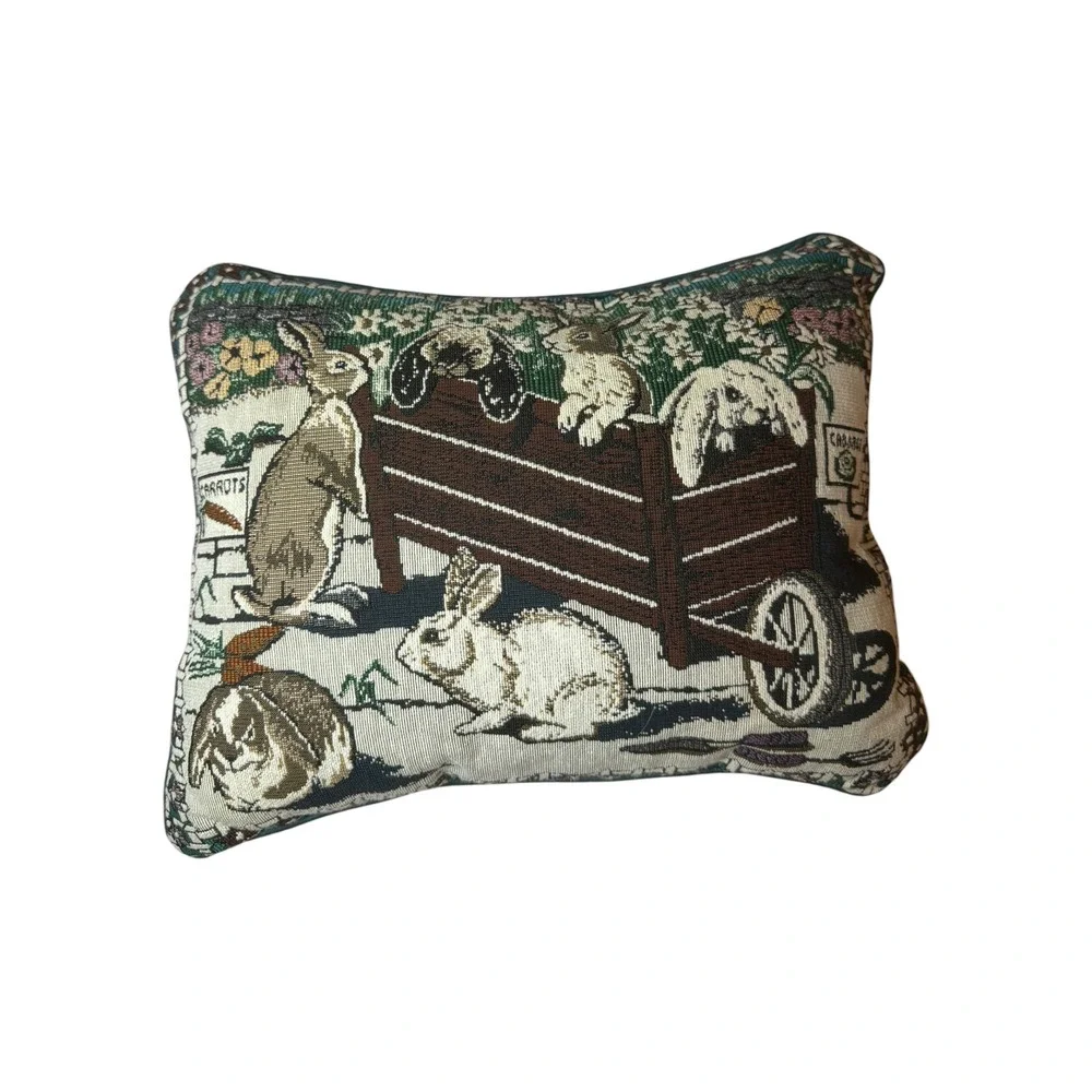 Vintage Bunny Rabbit Woven Tapestry Throw Pillow Cottagecore Farmhouse Decor